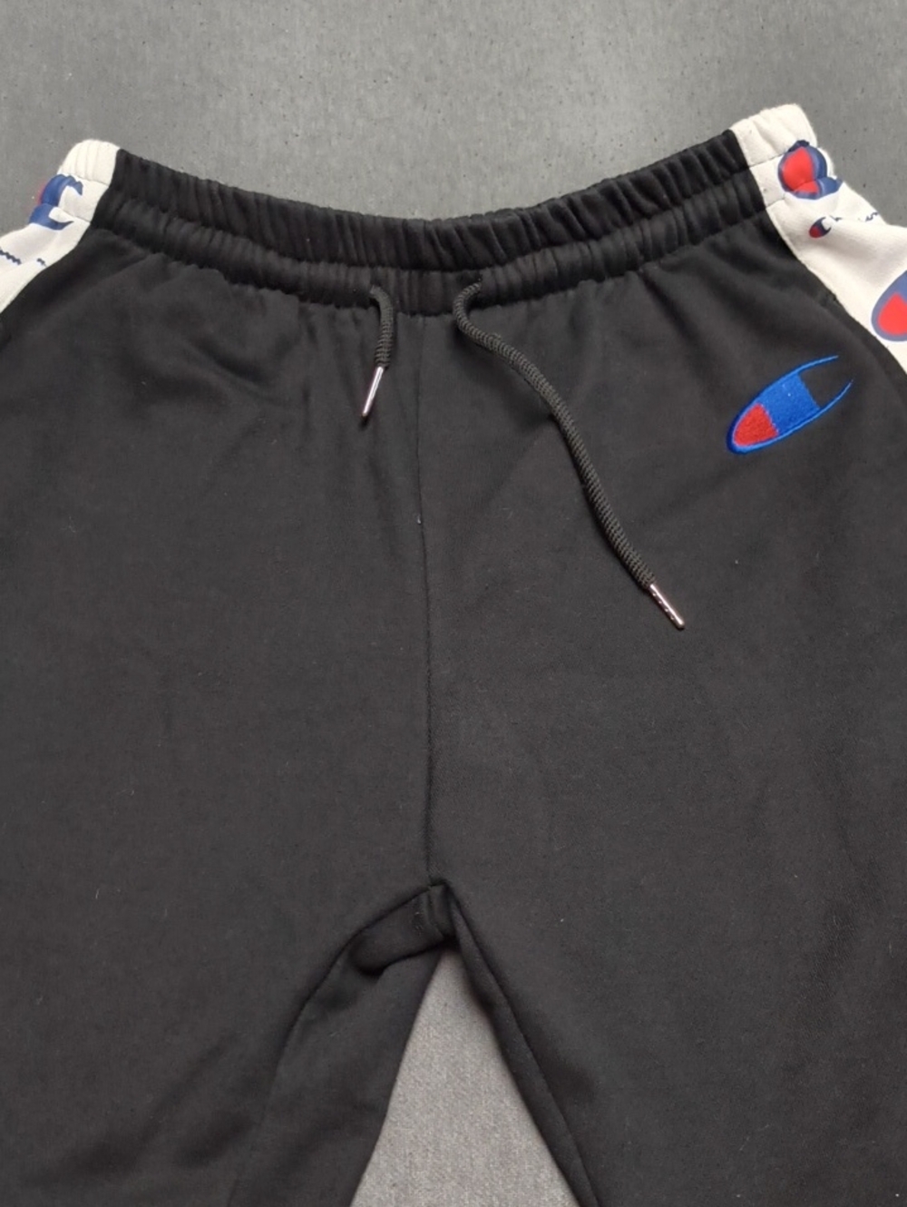 Champion Mens Black Sweatshorys with Blue & Red Logo Accents Size Large